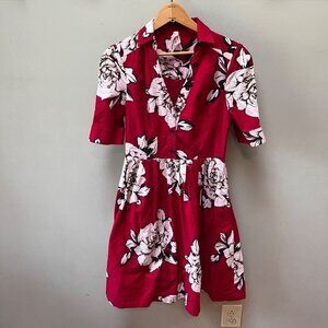 Anthropologie Maeve‎ Dagmar Red White Floral Shirt Dress- Size 2